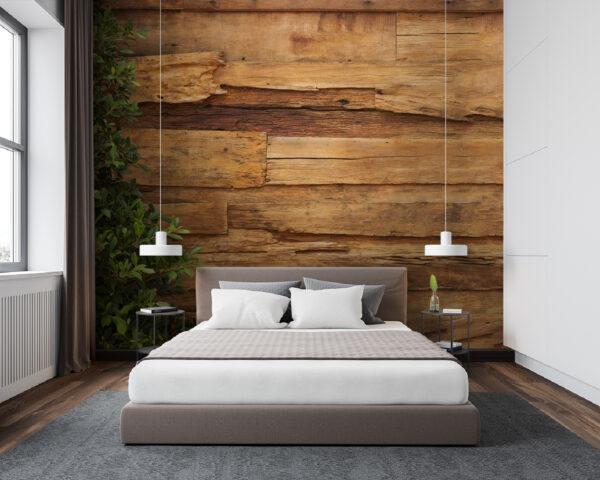 Mur en bois usé avec de la verdure Papier peint Mur en bois usé avec de la verdure