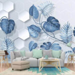 Papier peint Feuilles bleues sur fond blanc
