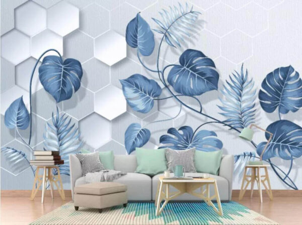 Feuilles bleues sur fond blanc Papier peint Feuilles bleues sur fond blanc