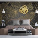 Papier peint Motifs de feuilles inspirés de la nature sur fond sombre