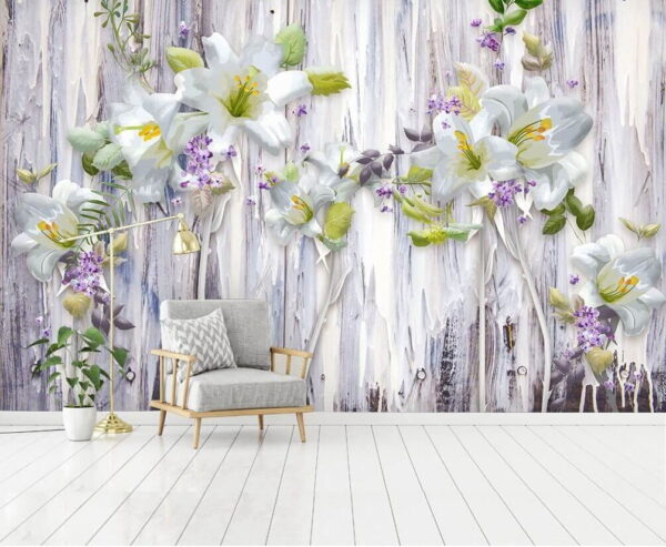 Groupe de fleurs blanches sur une surface en bois Papier peint Groupe de fleurs blanches sur une surface en bois