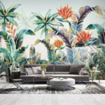 Papier peint Feuillage tropical avec des fleurs vibrantes