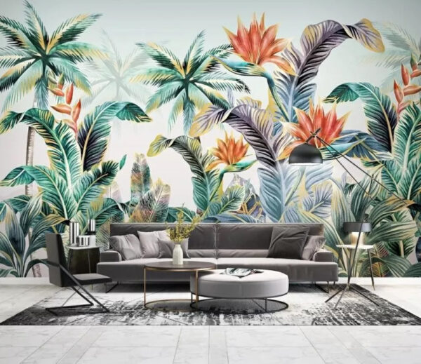 Feuillage tropical avec des fleurs vibrantes Papier peint Feuillage tropical avec des fleurs vibrantes