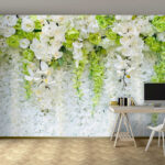 Papier peint Groupe de fleurs blanches et vertes