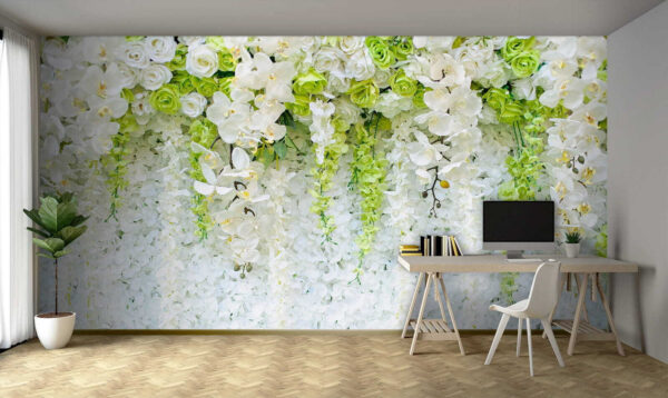 Groupe de fleurs blanches et vertes Papier peint Groupe de fleurs blanches et vertes