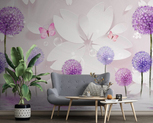 Fleurs violettes et papillons en harmonie Papier peint Fleurs violettes et papillons en harmonie