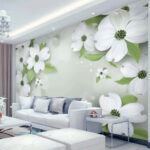 Papier peint Fleurs blanches avec feuilles vertes