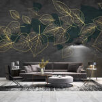 Papier peint Dessin de feuilles sur fond noir