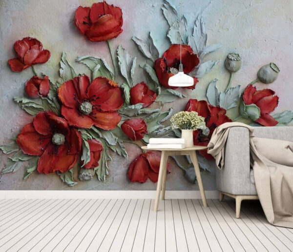 Coquelicots rouges éclatants sur toile texturée Papier peint Coquelicots rouges éclatants sur toile texturée