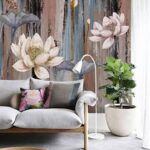 Papier peint Peinture de fleurs sur une surface en bois