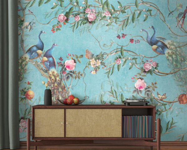 Paons et fleurs sur fond bleu Papier peint Paons et fleurs sur fond bleu