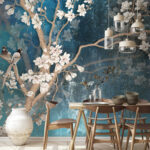 Papier peint Fleur blanche sur fond bleu