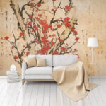 Papier peint Peinture d'un arbre avec des fleurs rouges