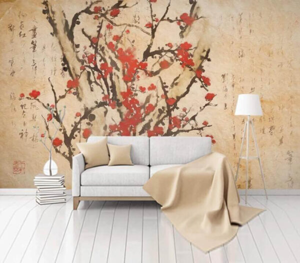 Peinture d'un arbre avec des fleurs rouges Papier peint Peinture d'un arbre avec des fleurs rouges