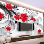 Papier peint Fleur rouge sur fond noir et blanc