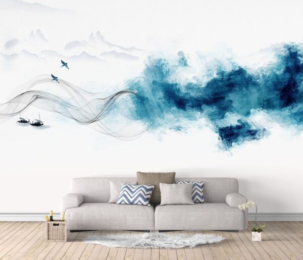 Fumée bleue et oiseau Papier peint Fumée bleue et oiseau
