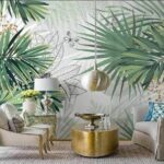 Papier peint Illustration de feuilles tropicales et de papillons