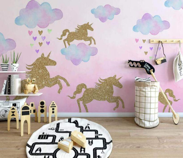 Licornes et nuages avec cœurs et nuages Papier peint Licornes et nuages avec cœurs et nuages
