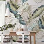 Papier peint Élégant motif monochrome de feuilles tropicales.