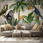 Papier peint Motif de plantes et d'oiseaux tropicaux