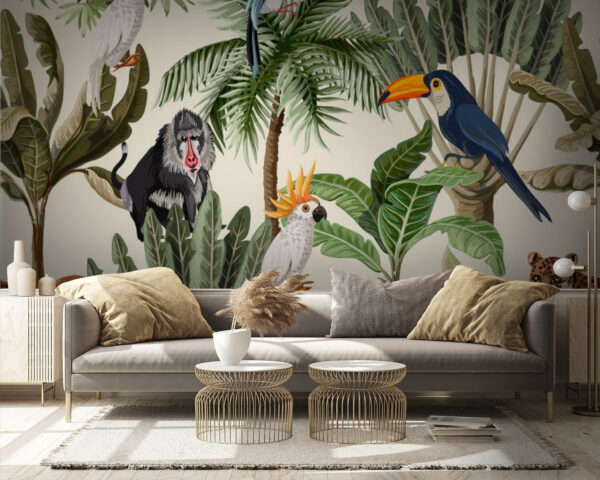 Motif de plantes et d'oiseaux tropicaux Papier peint Motif de plantes et d'oiseaux tropicaux
