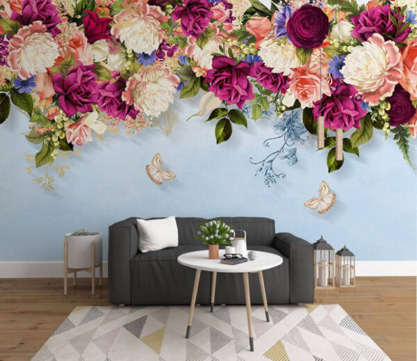 Groupe de fleurs avec papillons Papier peint Groupe de fleurs avec papillons