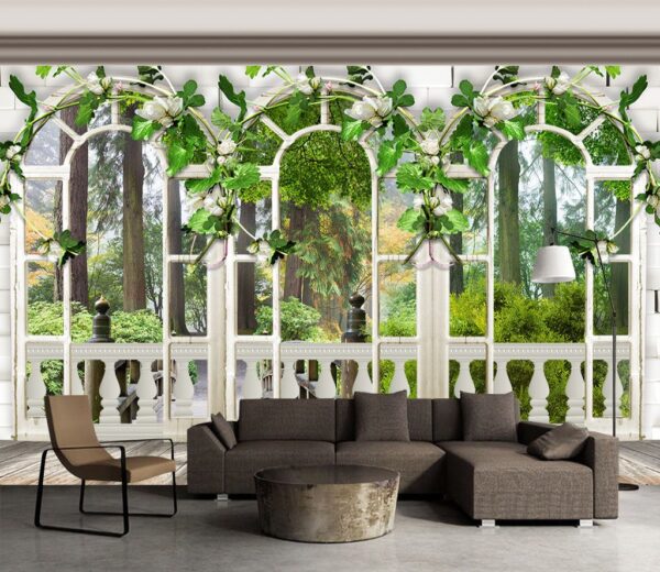 Porte blanche avec fleurs blanches et feuilles vertes Papier peint Porte blanche avec fleurs blanches et feuilles vertes