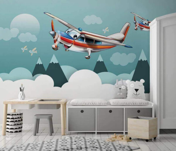 Dessin animé d'un avion volant dans le ciel Papier peint Dessin animé d'un avion volant dans le ciel