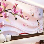 Papier peint Fleurs roses et papillons