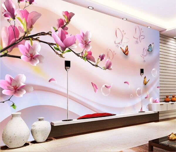 Fleurs roses et papillons Papier peint Fleurs roses et papillons