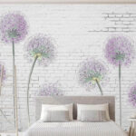 Papier peint Fleurs sur fond de briques blanches.