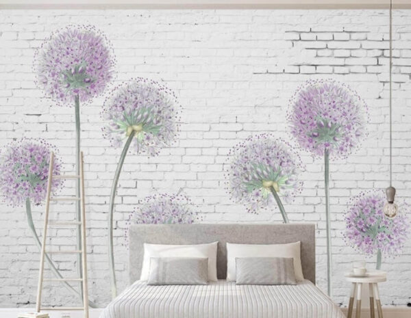 Fleurs sur fond de briques blanches Papier peint Fleurs sur fond de briques blanches