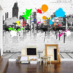 Papier peint Tache bleue sur un mur de briques blanches