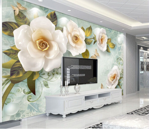 Fleurs blanches et papillon Papier peint Fleurs blanches et papillon