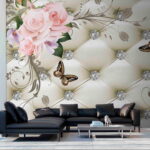 Papier peint Roses et papillons sur un motif en losange