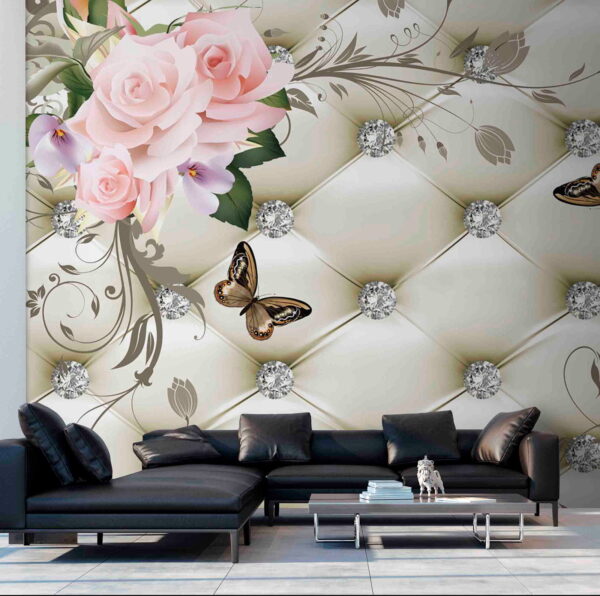 Roses et papillons sur un motif en losange Papier peint Roses et papillons sur un motif en losange