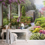 Papier peint Chemin de jardin enchanteur avec des fleurs.