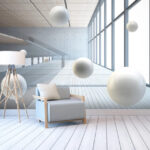 Papier peint Boule blanche sur un plancher en bois
