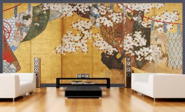 Fleurs de cerisier et motifs de kimono ornés Papier peint Fleurs de cerisier et motifs de kimono ornés