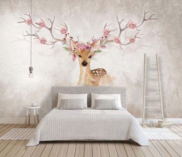 Aquarelle d'un cerf avec des fleurs sur la tête Papier peint Aquarelle d'un cerf avec des fleurs sur la tête