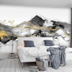 Papier peint Peinture de montagnes avec des oiseaux en vol