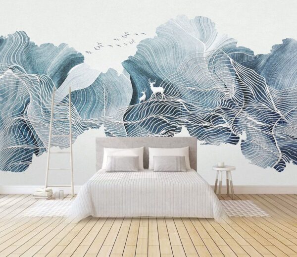 Dessin d'un paysage avec des oiseaux Papier peint Dessin d'un paysage avec des oiseaux