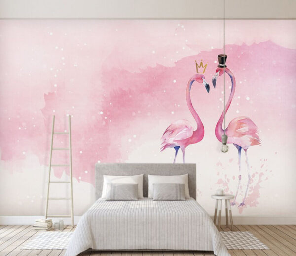 Deux flamants roses avec couronne et couronne sur la tête Papier peint Deux flamants roses avec couronne et couronne sur la tête