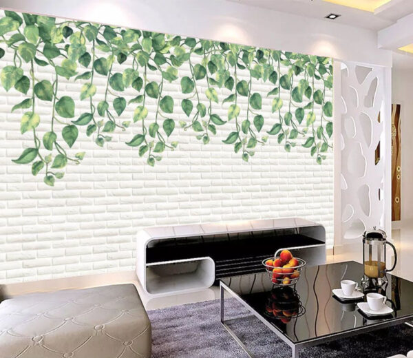 Mur de briques blanches avec des feuilles vertes Papier peint Mur de briques blanches avec des feuilles vertes