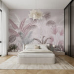 Papier peint Motif botanique avec des feuilles pastel.