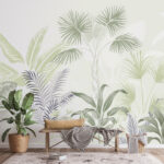 Papier peint Illustration de feuilles tropicales dans des tons doux.