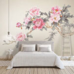 Papier peint Branche avec des fleurs roses