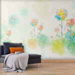 Papier peint Aquarelle de fleurs et de lapins
