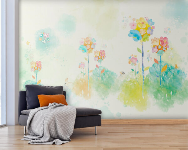 Papier peint Aquarelle de fleurs et de lapins