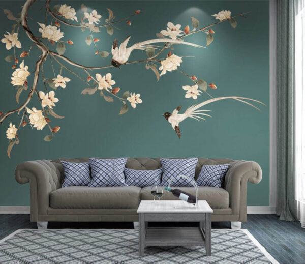 Papier peint Oiseau sur une branche avec des fleurs